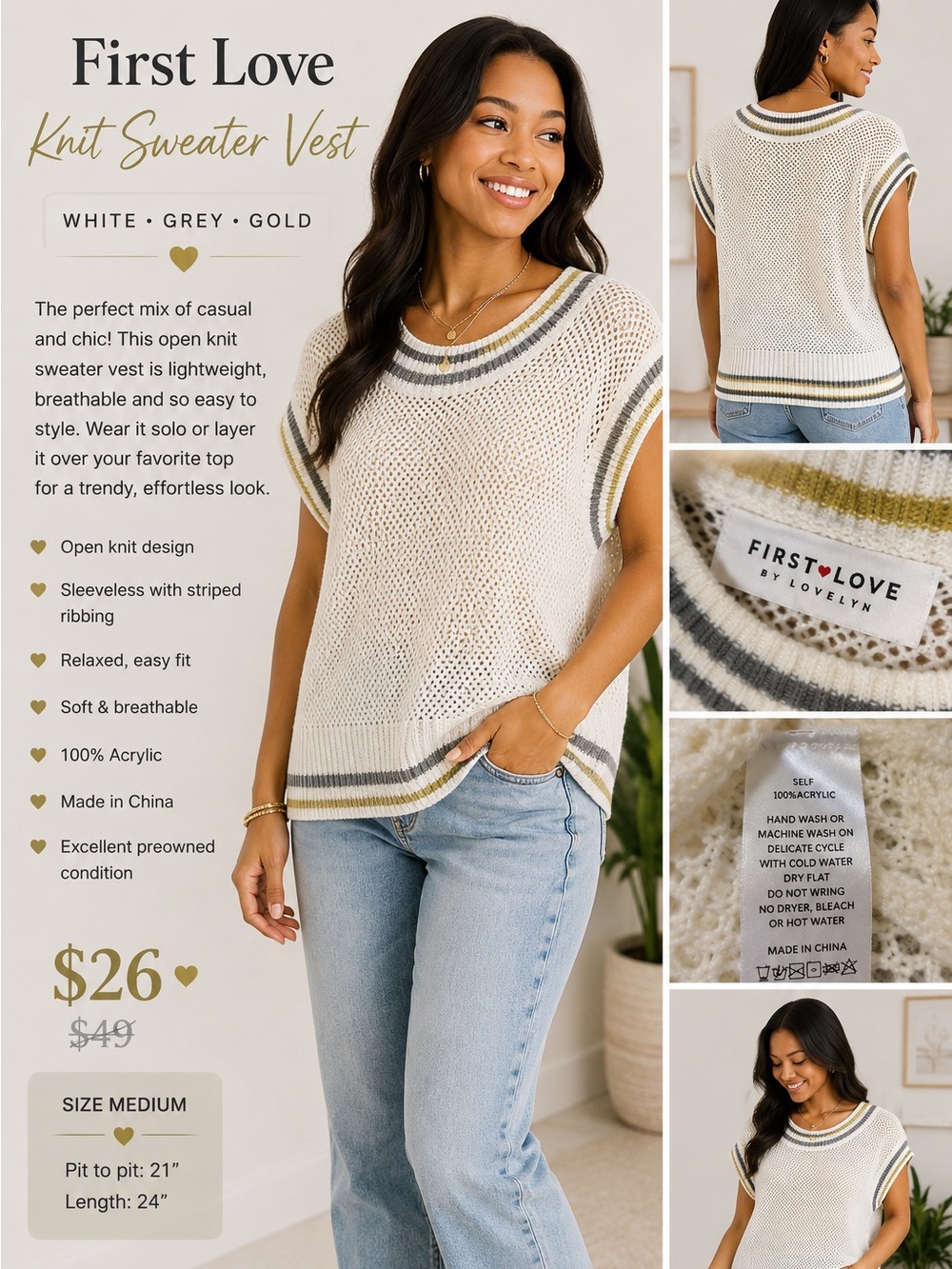 First Love Knit Sweater Vest Size M White Grey Gold